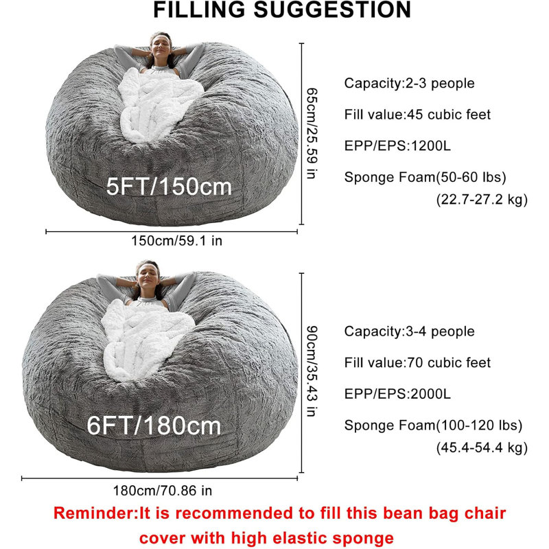 7Ft Bean Bag Chair Cover – Soft Fluffy Velvet, Round Oversized Sofa Bed Cover ( Velvet), Blue Velvet