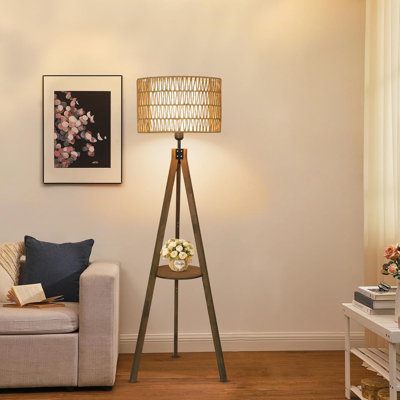 Lampe sur pied en bois de rotin avec étagère Boho