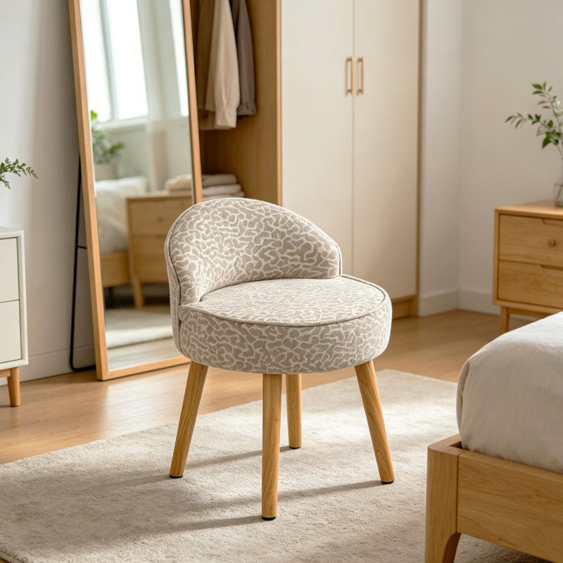 Solid Wood Accent Stool, Beige, Chenille