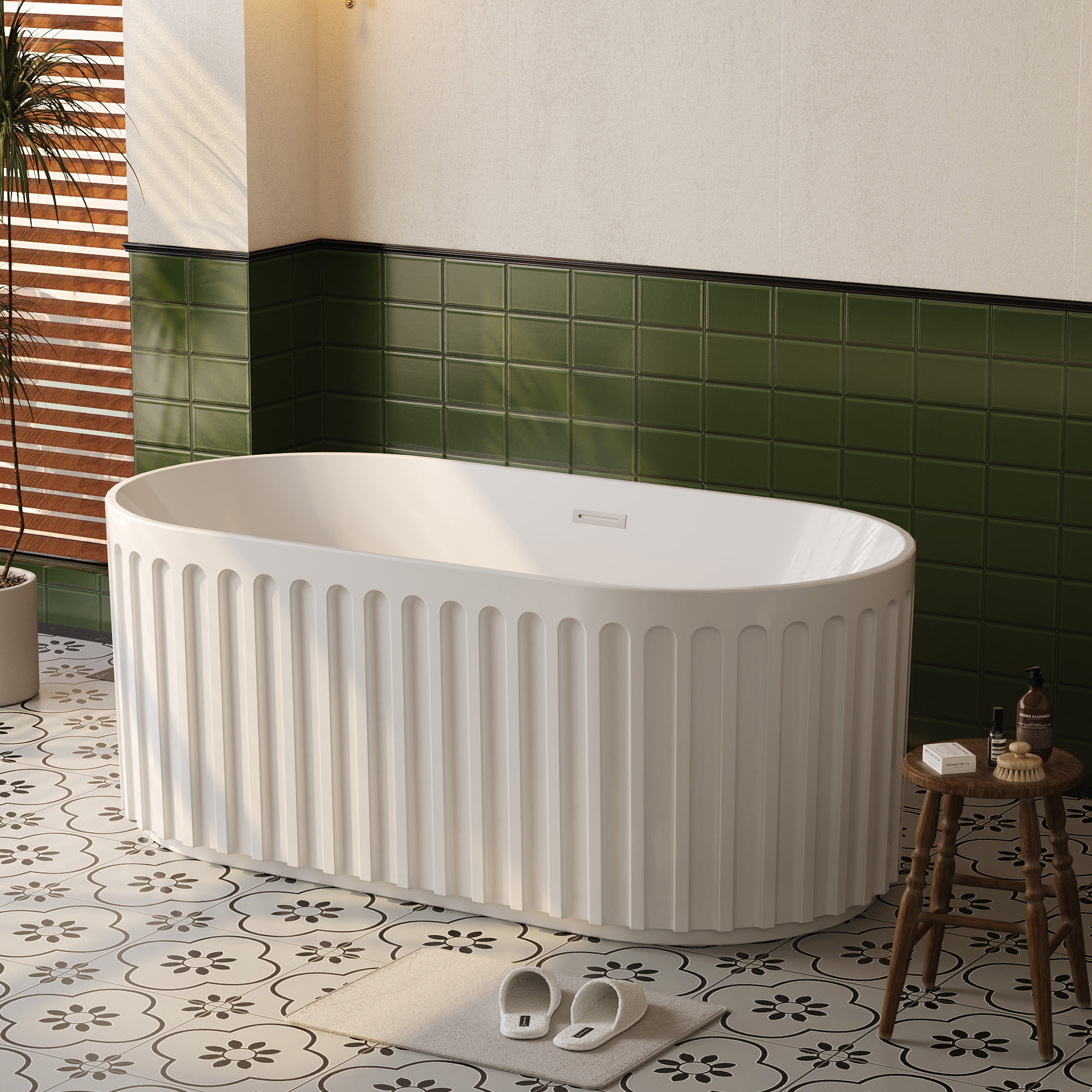 Freestanding Soaking Bathtub – Elegant All-White Acrylic Bathtub with Chrome Drain for Home Spa Relaxation