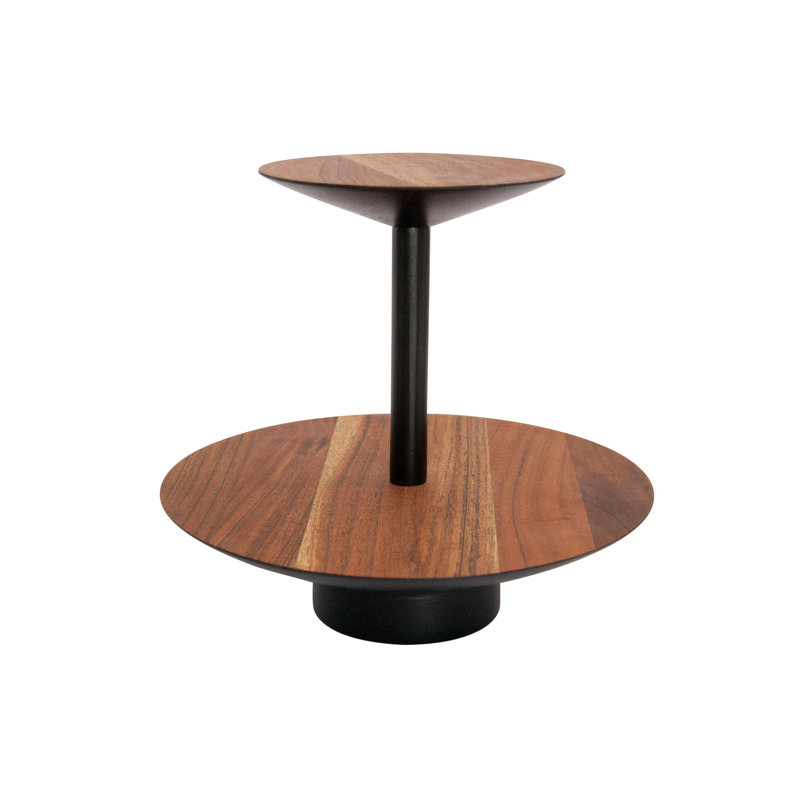 Plateau rond en bois d'acacia à 2 niveaux avec support en métal