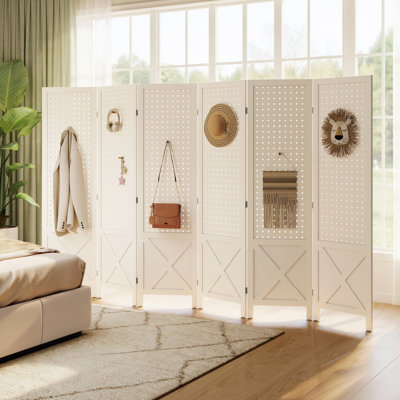 56.9" 6 Panel Room Divider with Pegboard Display for Indoor White