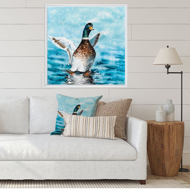 Canard colvert étirant ses ailes - sur, H 16 po x l 16 po x P 1 po, Toile encadrée flottée blanche