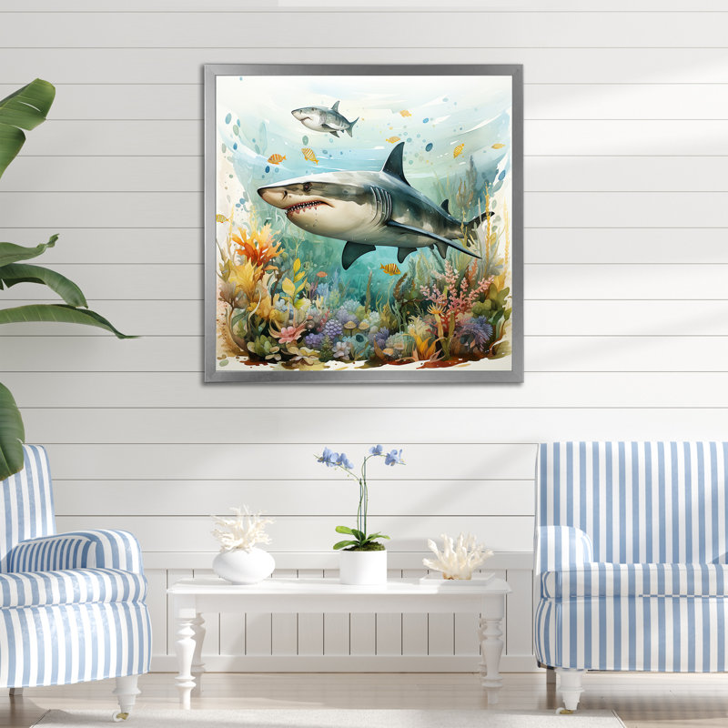 Curious Shark Ocean Blooms III - Shark Wall Art, Silver Single Picture Framed, 36" H x 36" W x 1.5" D