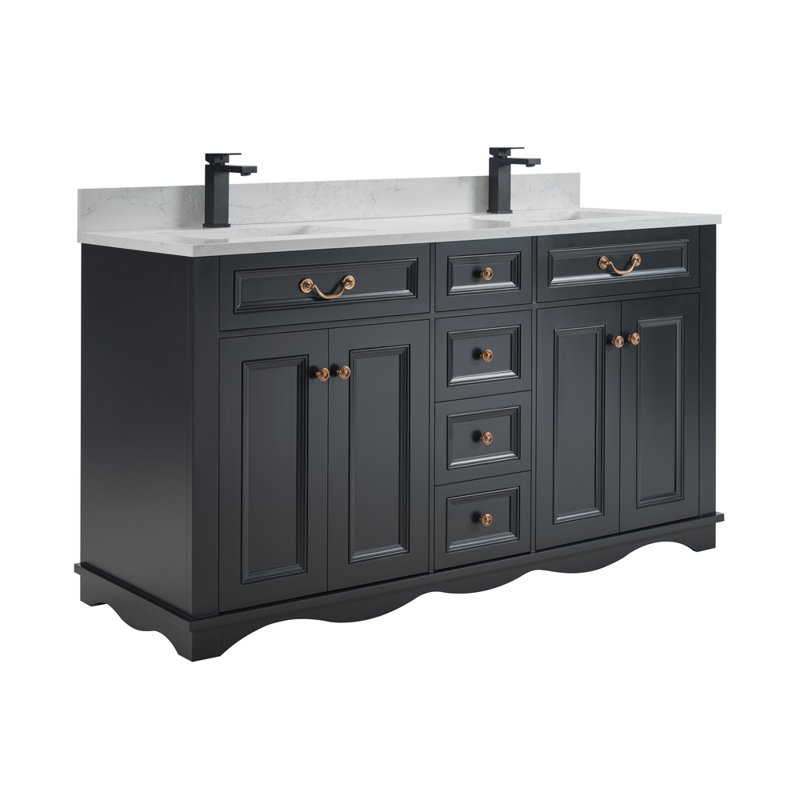 60" Solid Wood Sink Vanity  With 1' Artificial Stone Top, Tricorn Black