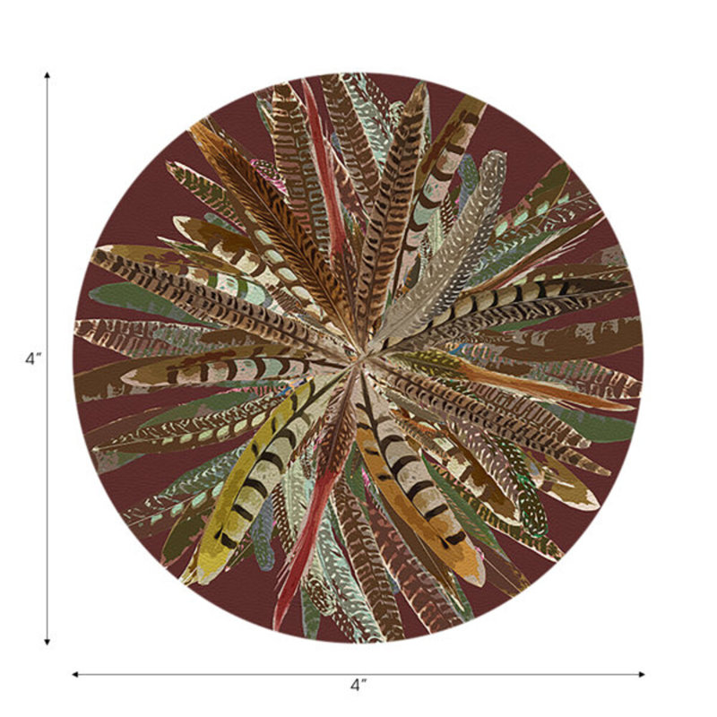 Pheasant Feathers Yellow Vegan Leather Round Coasters, Porto