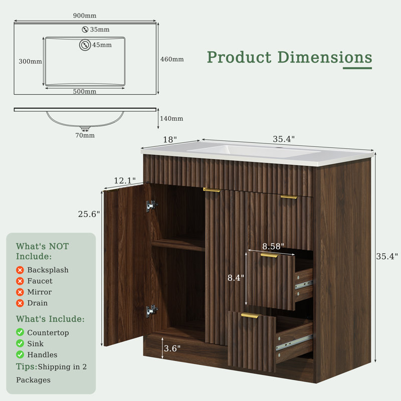 Adonia Freestanding 36" Single Bathroom Vanity With SMC Top, Fluted Wood Bathroom Cabinet With Doors, Brown, 36"
