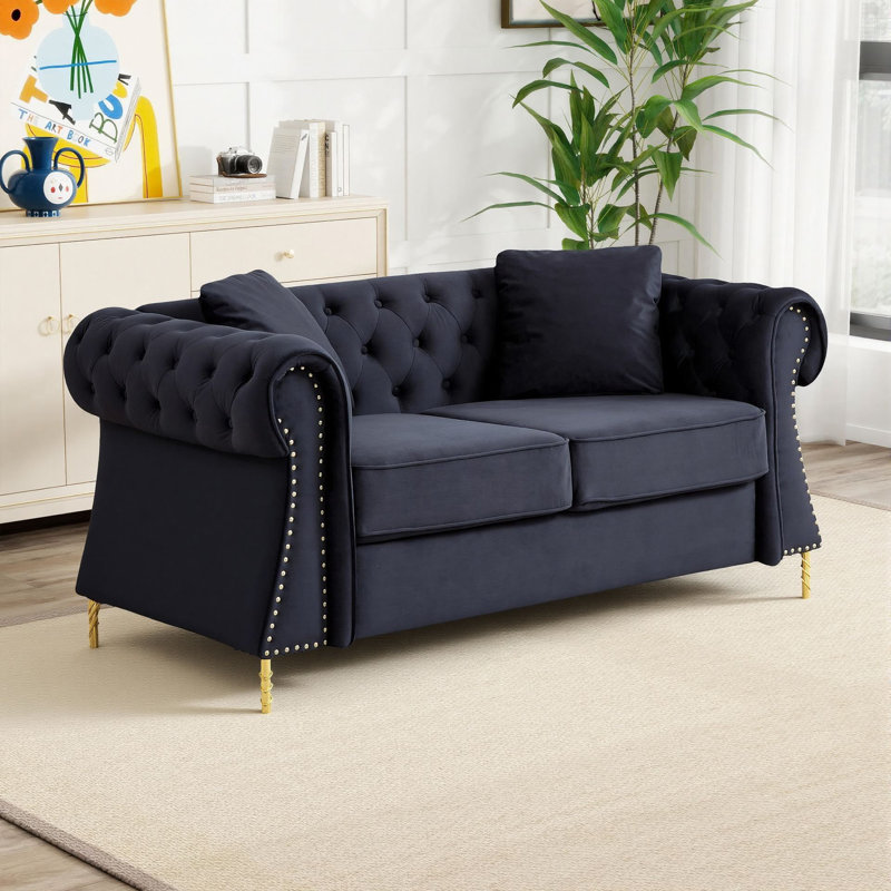 Canapé Chesterfield 2 places 147 cm (58 po), causeuse deux places en velours avec coussins décoratifs pour salon, appartement et chambre à coucher