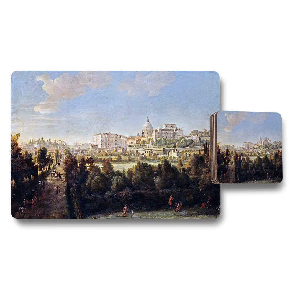 Rome Cityscape Placemat And Coaster Set With Dome View