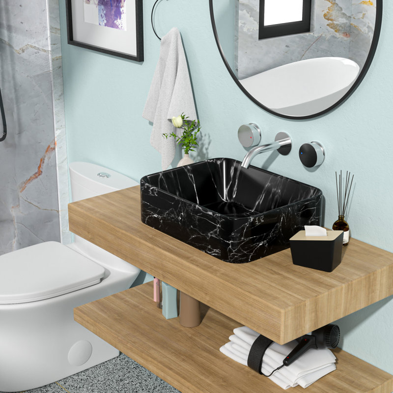 19"X15" Black And Gray Marble Pattern Ceramic Rectangular Vessel Bathroom Sink, Black/Gray