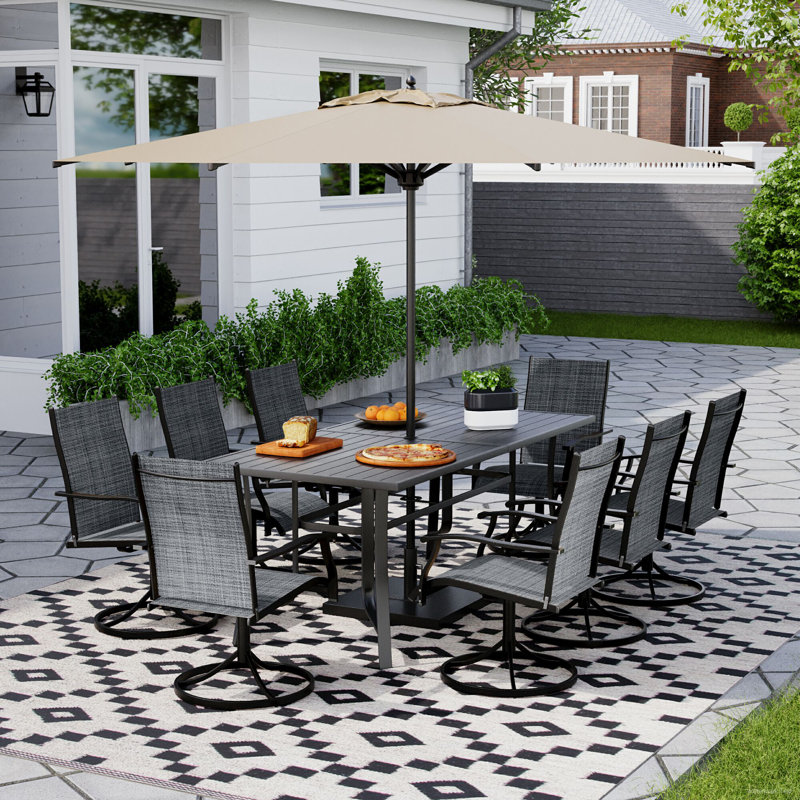 Ensemble de salle à manger de patio 9 pièces, ensemble de table et chaises d'extérieur pour 8, 8 chaises pivotantes, 1 table rectangulaire en fer avec trou de parasol réglable, ensemble de mobilier de patio pour terrasse, jardin, pelouse, bord de pisc