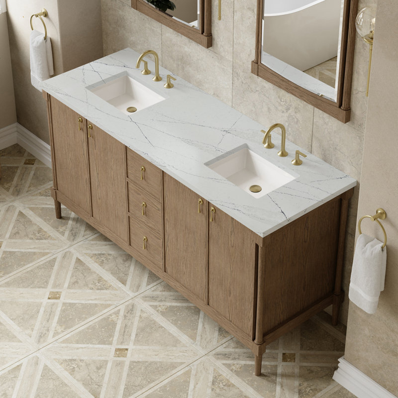 Kinnsden 72" W Double Vanity, Ethereal Noctis Silestone, Weathered Oak