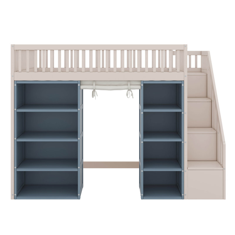 Full Size Loft Bed With 2 Four-Layer Storage Cabinets And Curtain