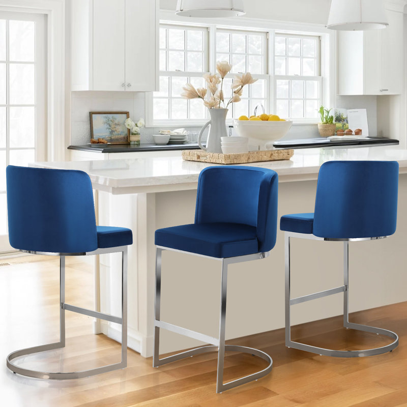 Bittencourt 26'' Upholstered Counter Stool, Velvet-Blue, 1