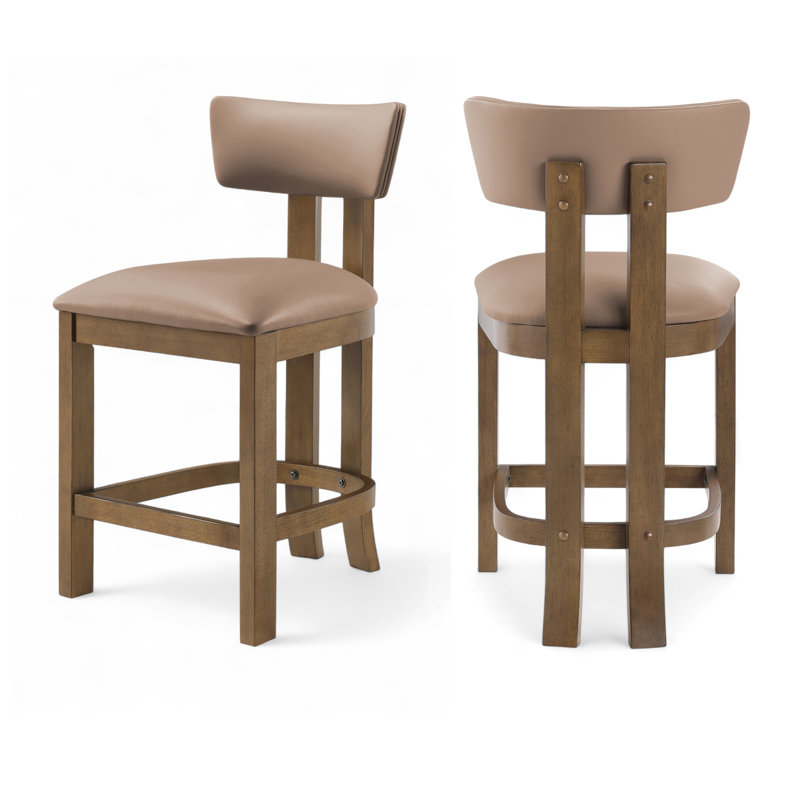 Tabouret de comptoir rembourré en cuir Phalan, Noyer teinté, Cuir brun clair végétalien