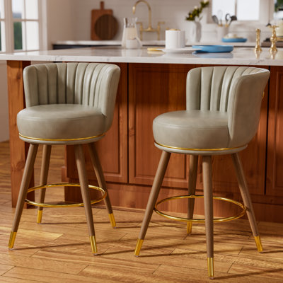 26 inch Swivel Upholstered Barstools with Backs, Leather Counter Stools with Wood Legs by Mercer41