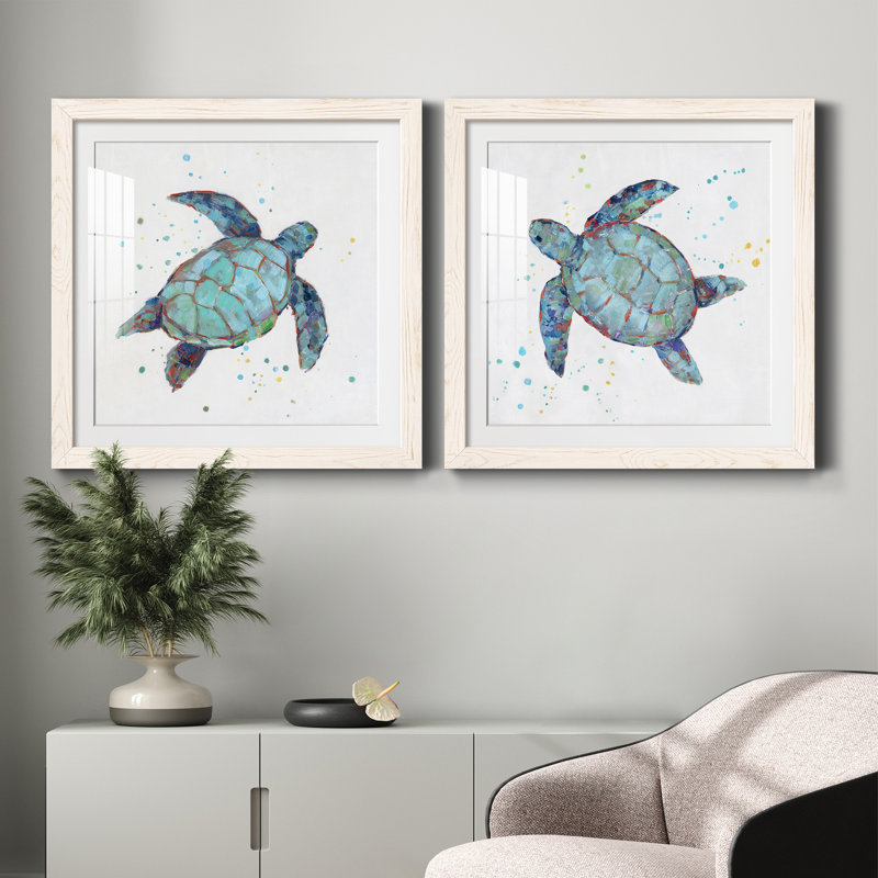 Bulle bleue tortue I - ensemble de 2 reproductions d'art, H 35,5 po x l 71 po x P 1,5 po, Papier encadré blanc