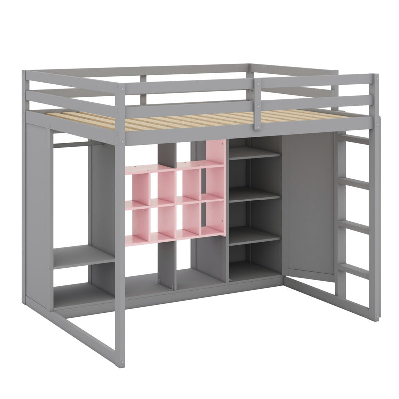 Lit mezzanine en bois avec garde-robe, tablettes et armoire, Lit double, Gris / Rose
