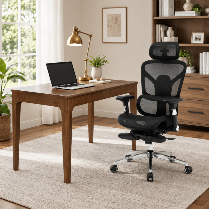Chaise de bureau ergonomique moderne à haut dossier et bureau en bois