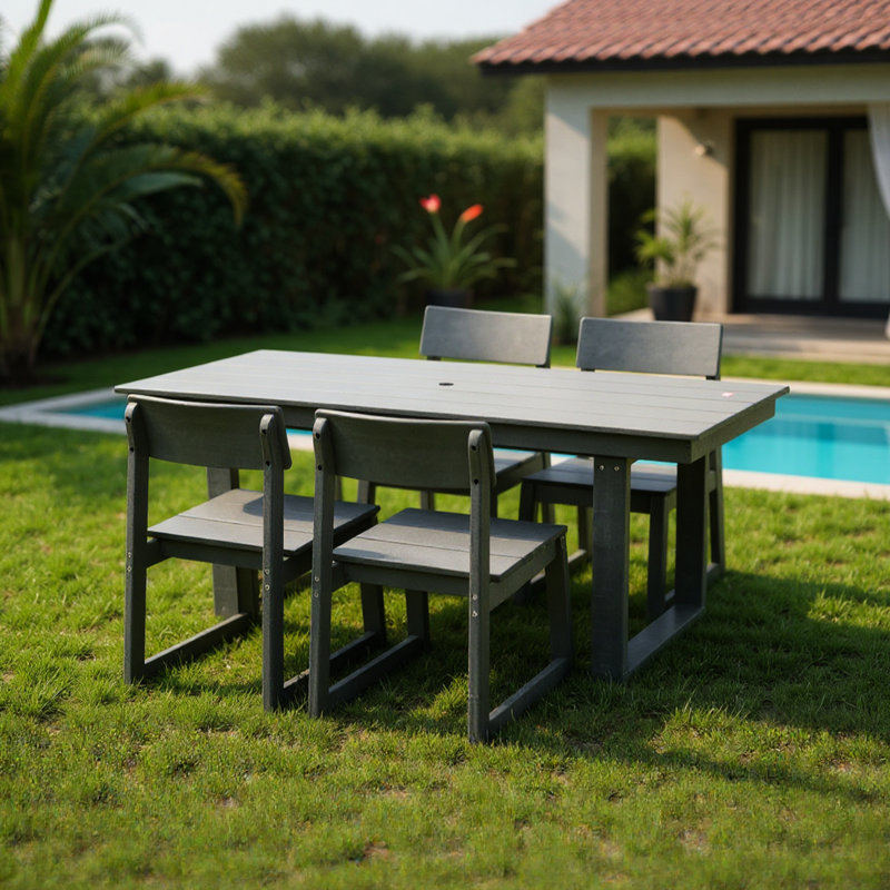Gray 5 - Piece All Weather Outdoor Patio Dining With 69'' Rectangular Table, 4 Chairs And Umbrella Hole For Poolside, Garden, Patio, Backyard Low Maintenance Table Hole, Backyard, Poolside Gray, ,