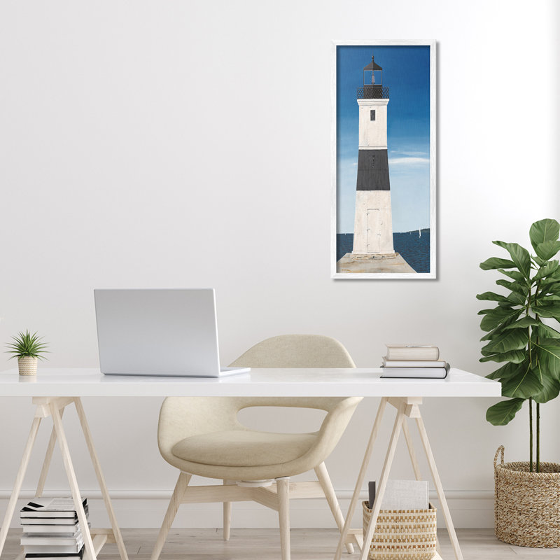 Giclée encadrée de la tour du phare, design par Art Poulin, H 30 po x l 13 po, Giclée encadrée blanc bord de mer