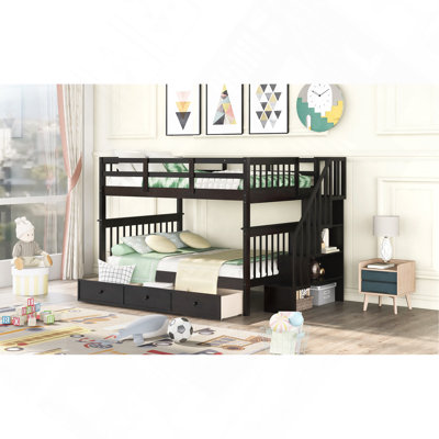 Stairway Full Size-Over-Full Size Bunk Bed With Drawer, Storage And Guard Rail For Bedroom, Espresso Color