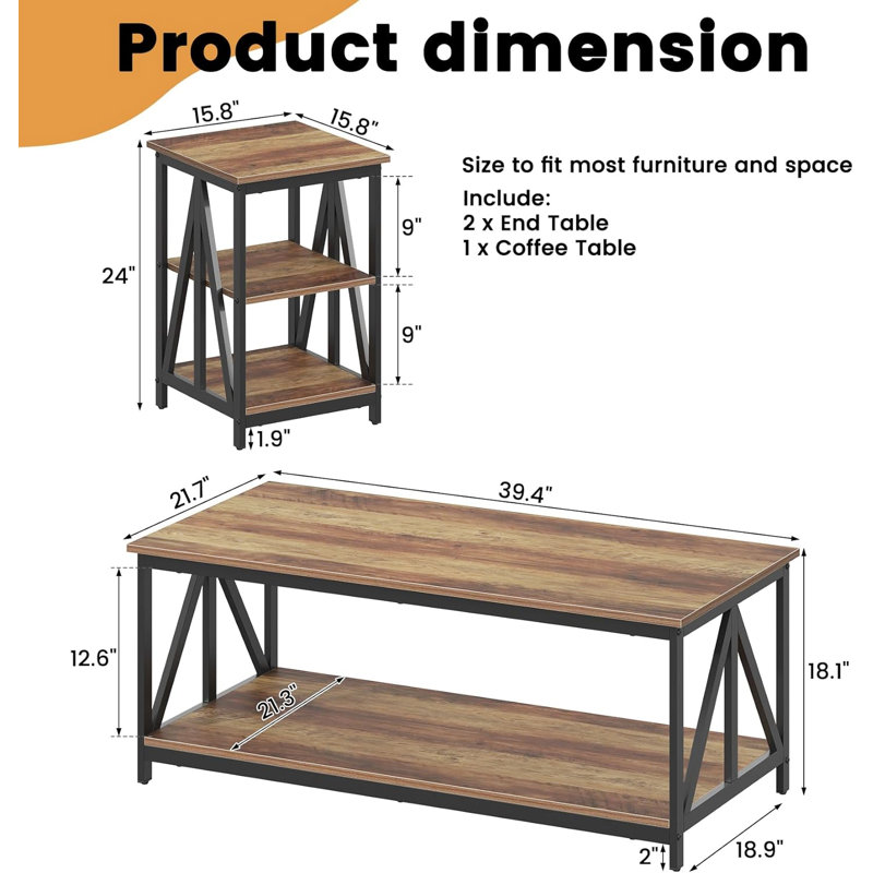 Ensemble de 3 tables basses de 17 pièces pour le salon, 3 tables basses de style triangulaire industriel et 2 tables de bout, ensemble de 3 pièces pour le salon avec grand espace de rangement