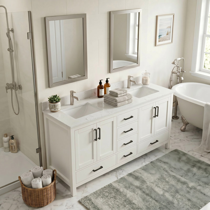 Ensemble de meuble-lavabo double autoportant 60 po avec plateau en granite Bourrache, White