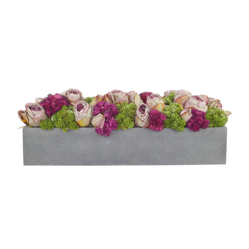 Assorted Sedum and Roses in Fiberstone Planter, 7" H x 19" W x 6" D, Gray