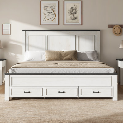 Base de lit plateforme très grand en bois avec tête de lit 52 po, grands tiroirs de rangement, crème