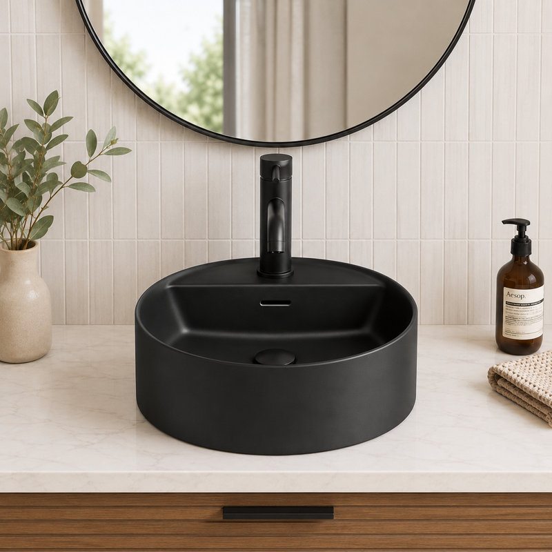 16" Black Solid Surface Round Vessel Bathroom Sink with Faucet Hole