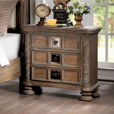 Transitional Rustic Natural Tone 1Pc Nightstand Only Solid Wood 3-Drawers Bronze Round Knobs Bedside Table Bedroom Furniture_29"" H x 30"" W x 17"" D -  Wenty, WFYUKI100654A