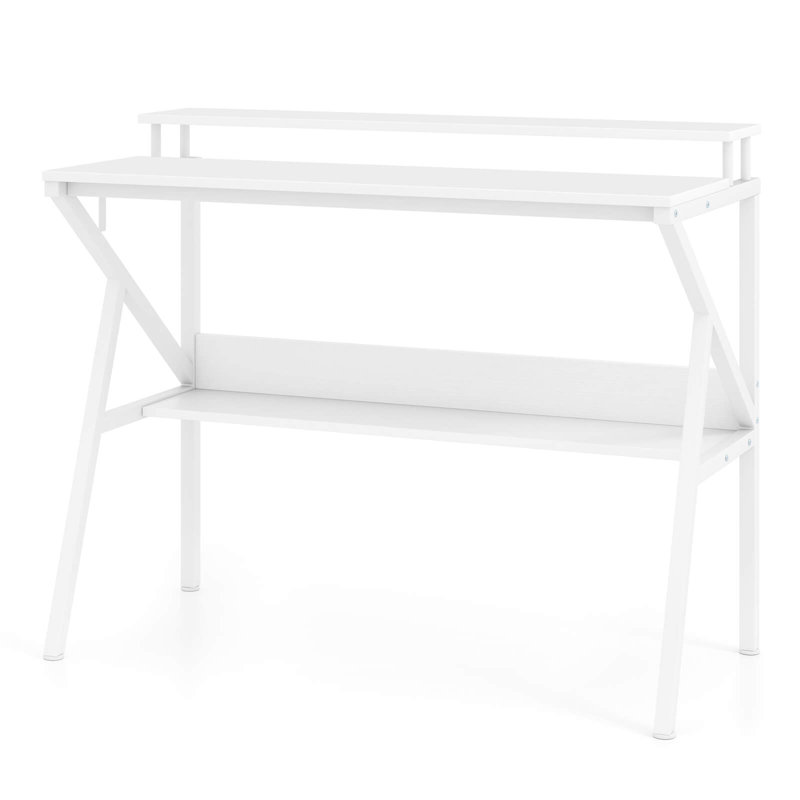 Bureau personnel avec support pour moniteur, tablette ouverte et structure en métal, crochet pour écouteurs, Blanc