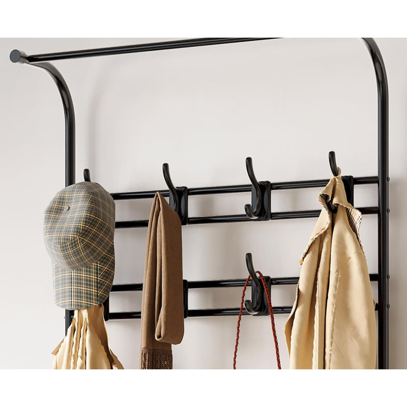 4-in-1 Hall Tree Shoe Bench For Entryway, Coat Tree With Bench Storage Shelf And 8 Hooks, Brown/Black