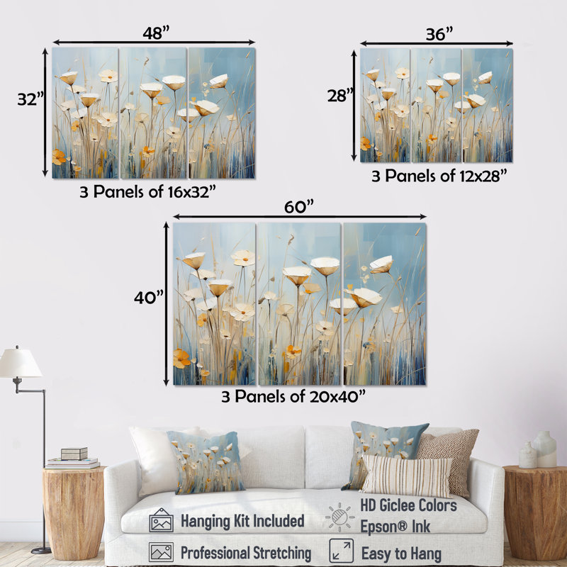 «Beige Minimalisme Wildflowers Breeze» - ensemble d'art mural fleurs sauvages, Toile tendue, H 32 po x l 48 po x P 1 po