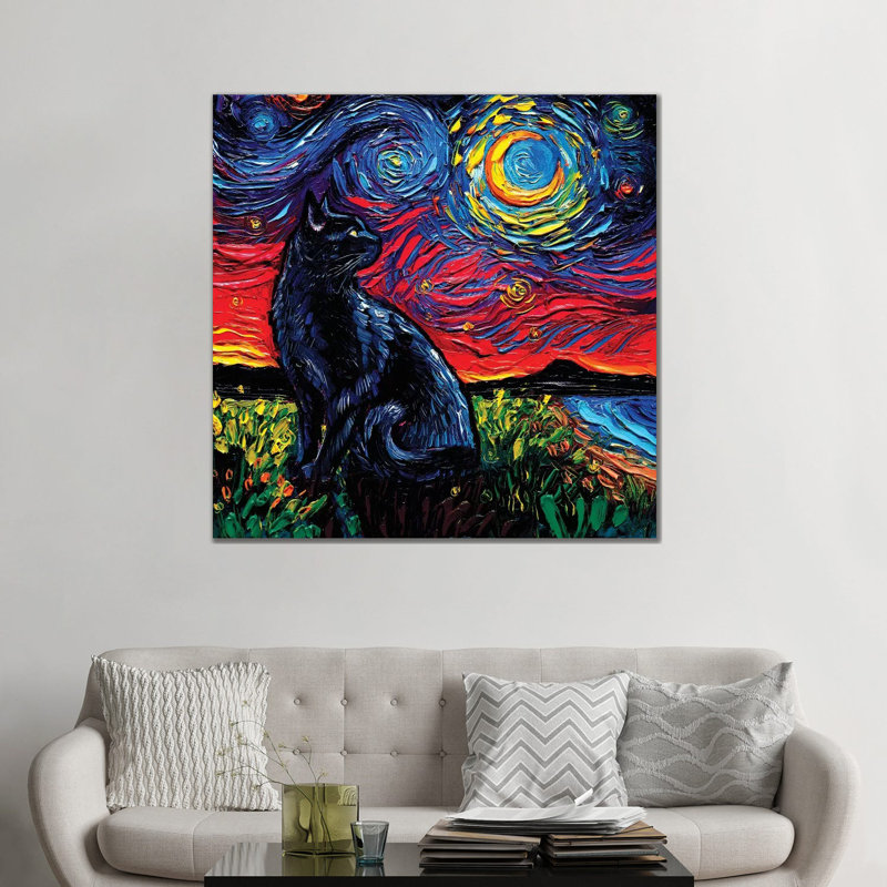 «Black Cat Night II» par Aja Trêves - reproduction d'art, H 37 po x l 37 po x P 1,5 po, Toile tendue, Pas de tapis