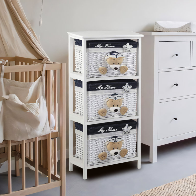 3 Drawer Wooden Cabinet with Wicker Storage Baskets and Tan Teddy Bear Design for Home Organization