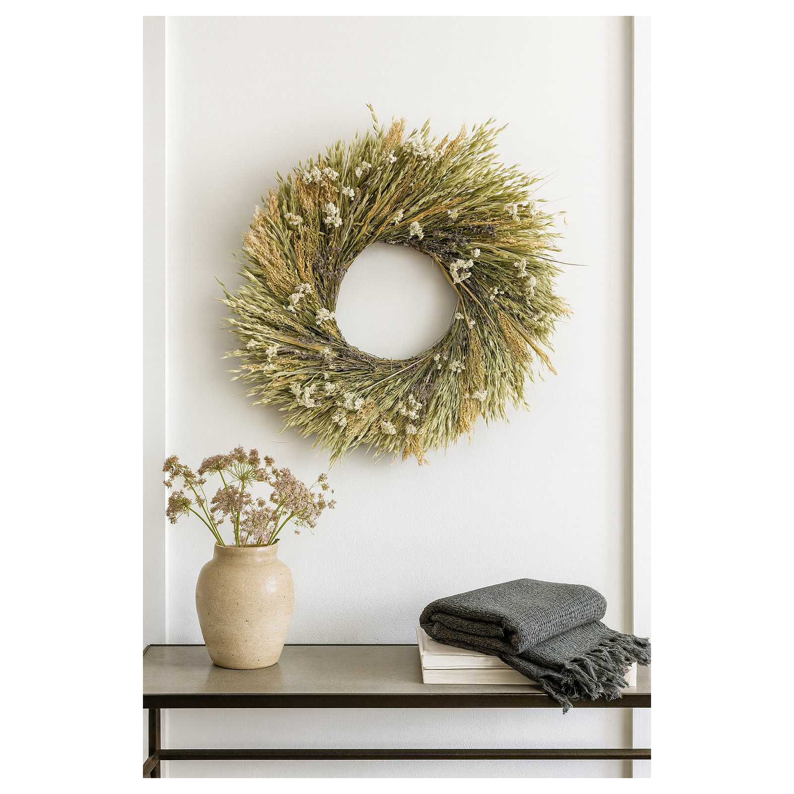 Dried Oats and Pearly Spring Wreath, 30" H x 30" W x 5" D