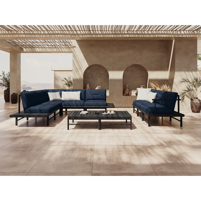 230cm Wide Metal Patio Sofa with Cushions, Dark Blue