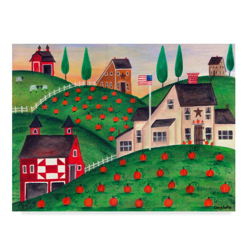 « citrouille red grange folk art », reproduction de peinture à l’acrylique sur toile tendue, H 14 po x l 19 po x P 2 po
