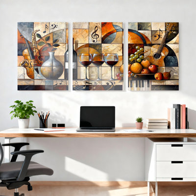 Ensemble de 3 tableaux sur toile « Vin, musique et fruits »