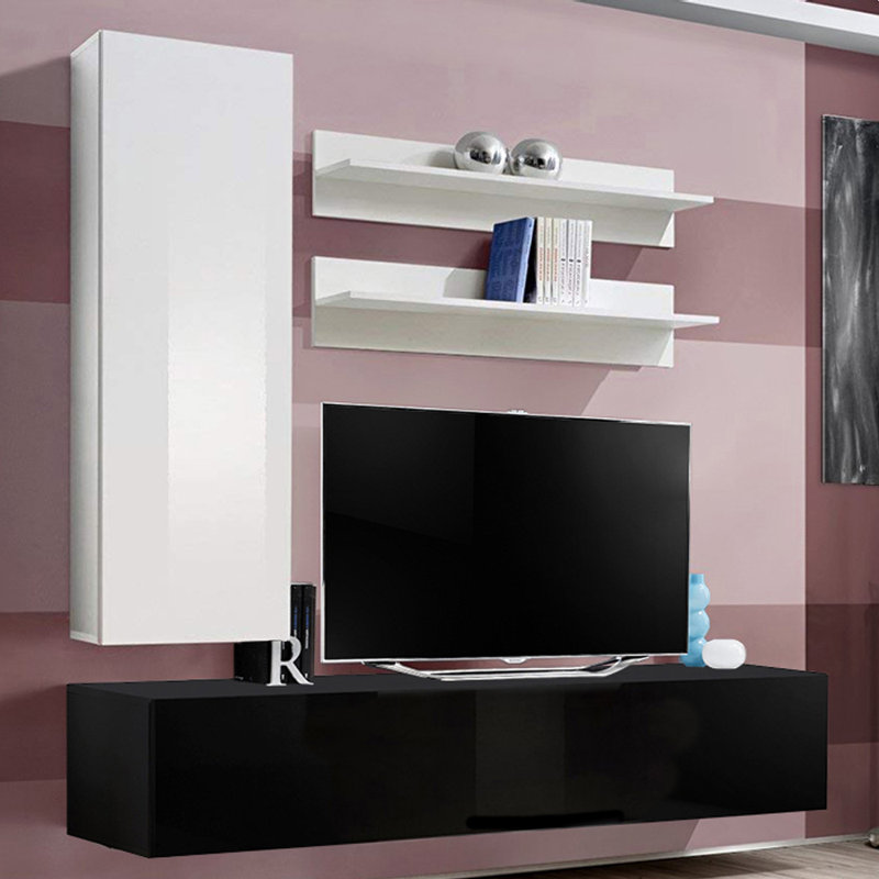 Meuble audio-vidéo mural flottant moderne de 63 po avec éclairage à DEL 16 couleurs Wachter, Blanc / Noir