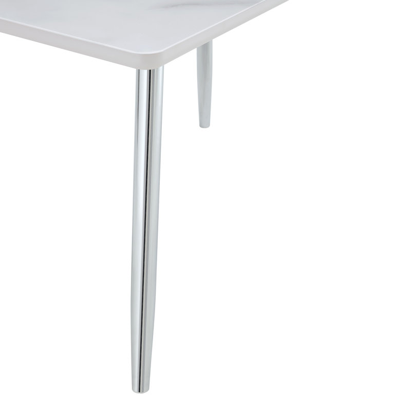 Modern Minimalist Rectangular Dining Table, Suitable For 4-6 People. Tempered Glass Countertop+Lower MDF Board,Imitation Marble Texture, Silver Metal Tapered Legs. Suitable For Minimalist Restaurants.