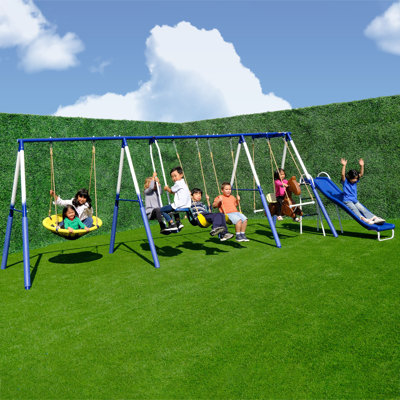 Sportspower Outdoor Super 8 Fun Metal Swing Set With 6’ Heavy Duty Slide, Saucer Swing, And Rocking Horse