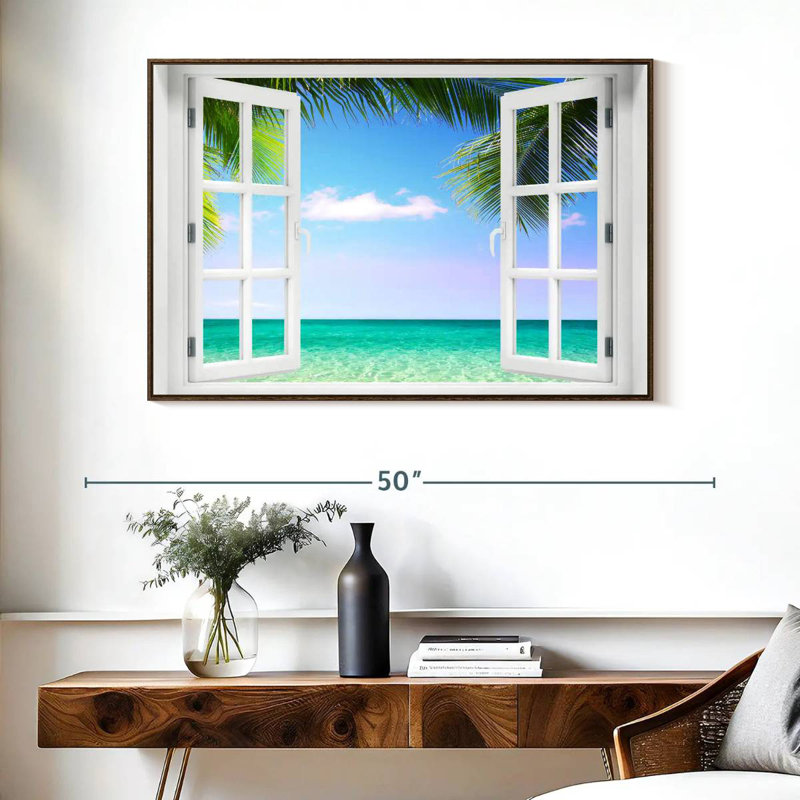 Fenêtre sur la plage turquoise, Cadre flottant noyer, 43 po x 29 po