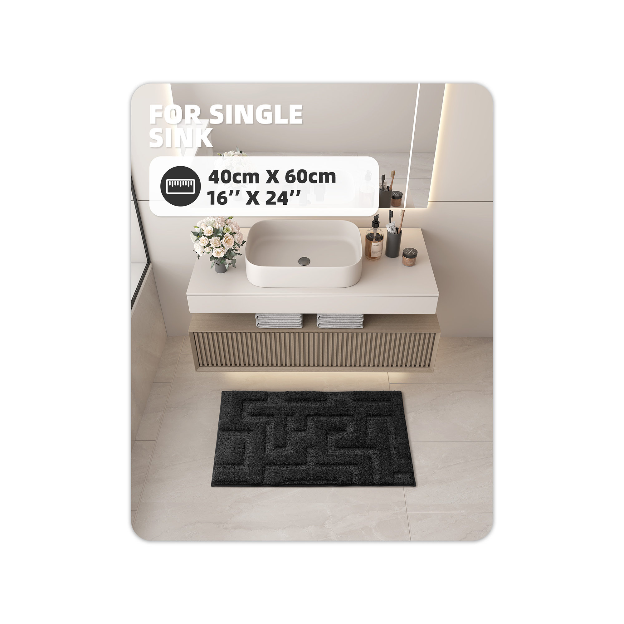 Non-Slip Bath Rug, Black, 16" L x 24" W