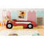 Lit plateforme en forme de voiture de course rouge avec roulettes