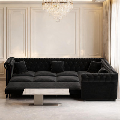 Canapé-lit convertible en forme de L de 115,3 pouces, canapé d'angle en velours capitonné avec garniture dorée, accoudoirs roulés et coussins décoratifs