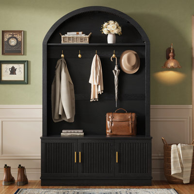 Bibor Farmhouse Arched Hall Tree with Bench and Storage Cabinet for Entryway