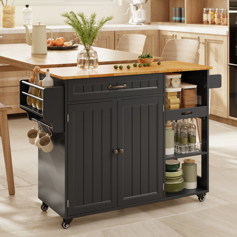 41.7" Rolling Wood Kitchen Island Cart, Black